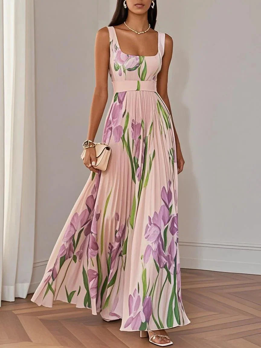 Women's Pleated Wedding Guest Maxi Dress Square Neck A-Line Evening Gown