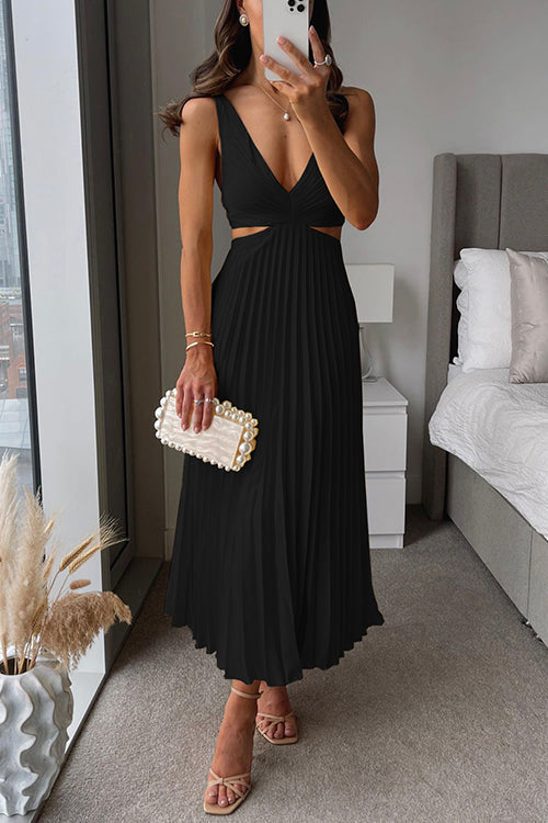 Women's Pleated Wedding Guest Midi Dress Elegant V-Neck Cut-Out