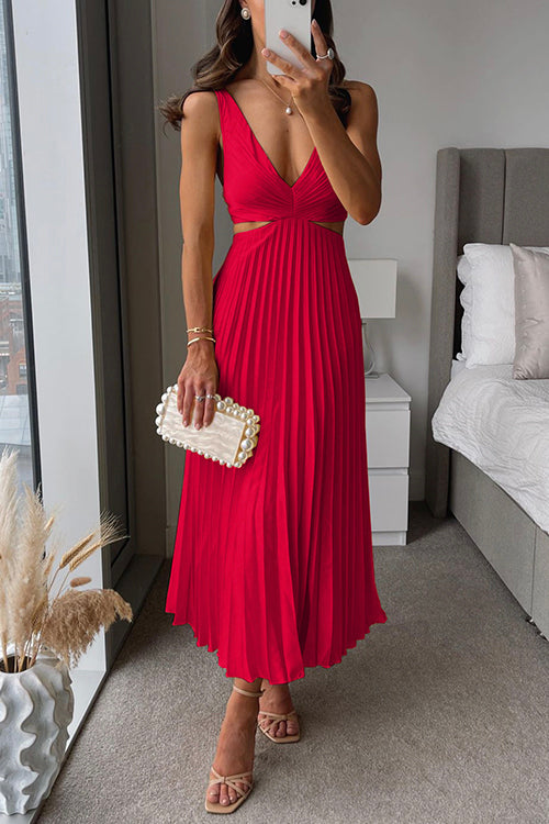 Women's Pleated Wedding Guest Midi Dress Elegant V-Neck Cut-Out