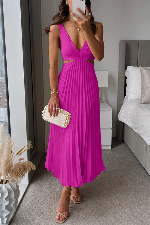 Women's Pleated Wedding Guest Midi Dress Elegant V-Neck Cut-Out