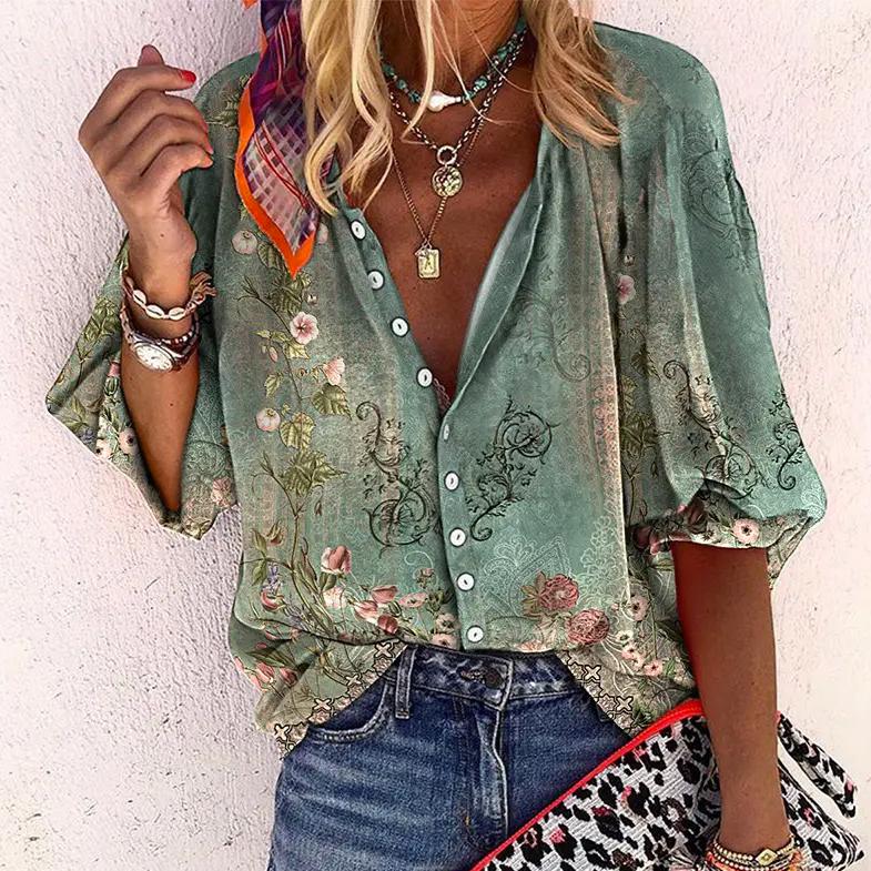Women's Boho Print Button-Down Blouse Casual Vintage