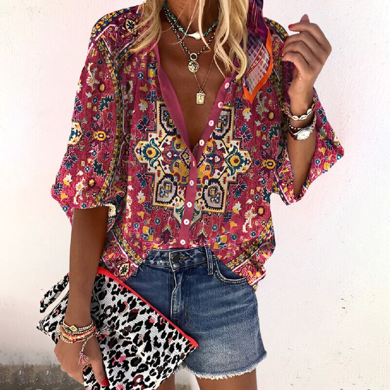 Women's Boho Print Button-Down Blouse Casual Vintage