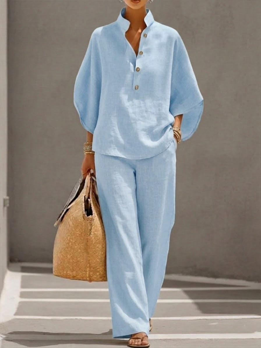 Women's Two-Piece Summer Set Casual Batwing Sleeve Top Wide Leg Pants