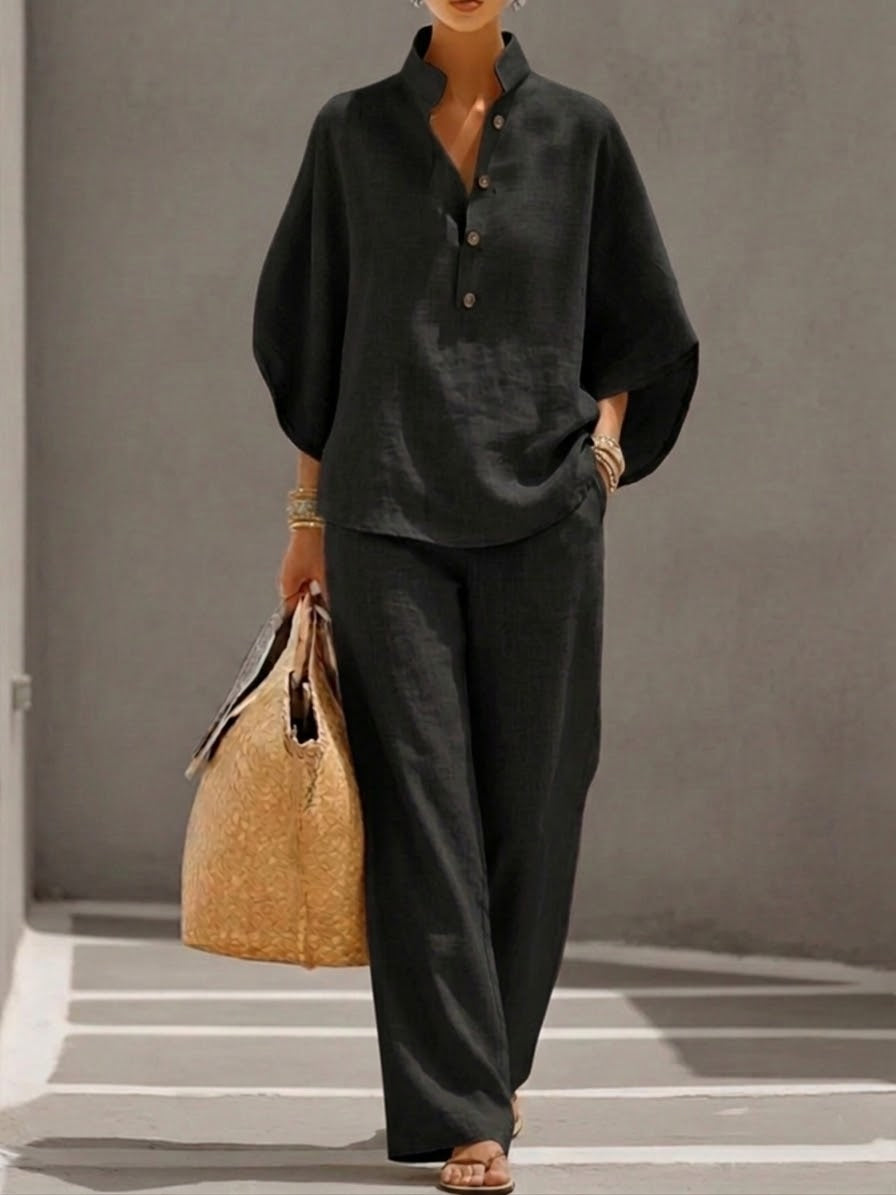 Women's Two-Piece Summer Set Casual Batwing Sleeve Top Wide Leg Pants