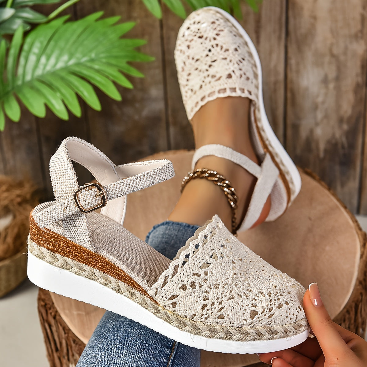 Women's Orthopedic Boho Sandals Closed Toe Crochet Espadrille Wedge