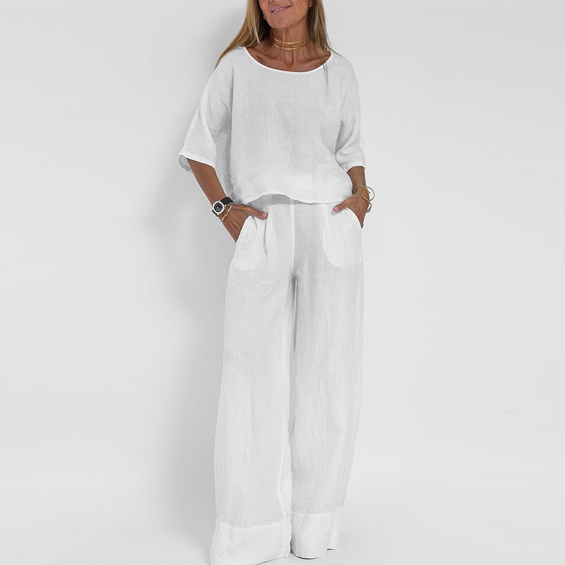 Women's Two-Piece Set Relaxed Fit Short Sleeve Top and Wide-Leg Pants