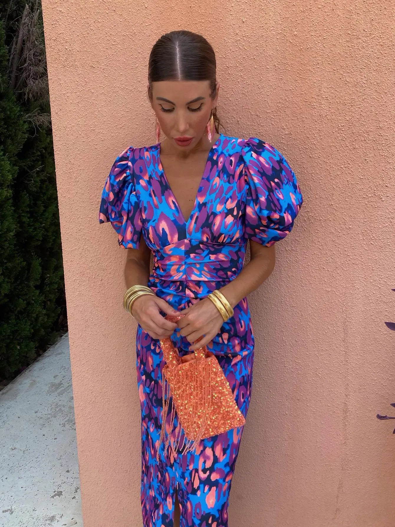 Women's Puff Sleeve Midi Dress Vibrant Evening Silhouette and Leopard Print