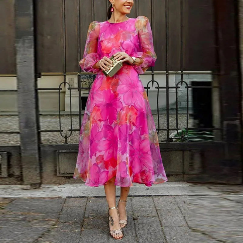 Women's Wedding Guest Dress Floral Midi and Sheer Puff Sleeves