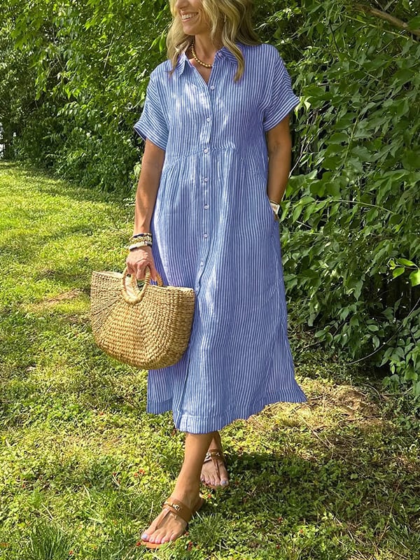 Women's Short Sleeve Midi Shirt Dress Vertical Stripes and Button Closures