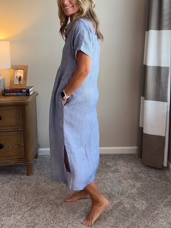 Women's Short Sleeve Midi Shirt Dress Vertical Stripes and Button Closures