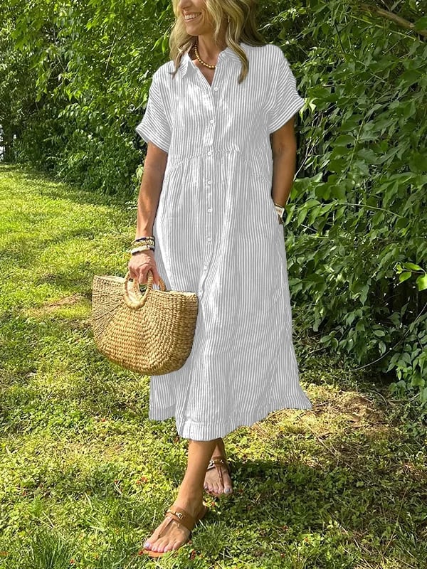 Women's Short Sleeve Midi Shirt Dress Vertical Stripes and Button Closures