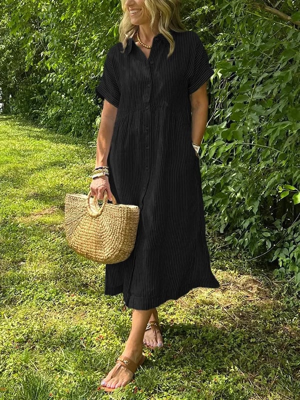 Women's Short Sleeve Midi Shirt Dress Vertical Stripes and Button Closures