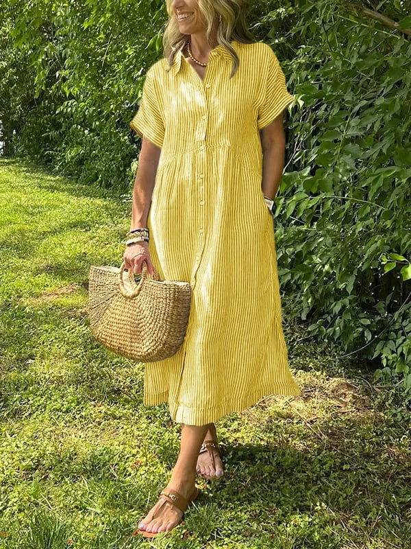 Women's Short Sleeve Midi Shirt Dress Vertical Stripes and Button Closures
