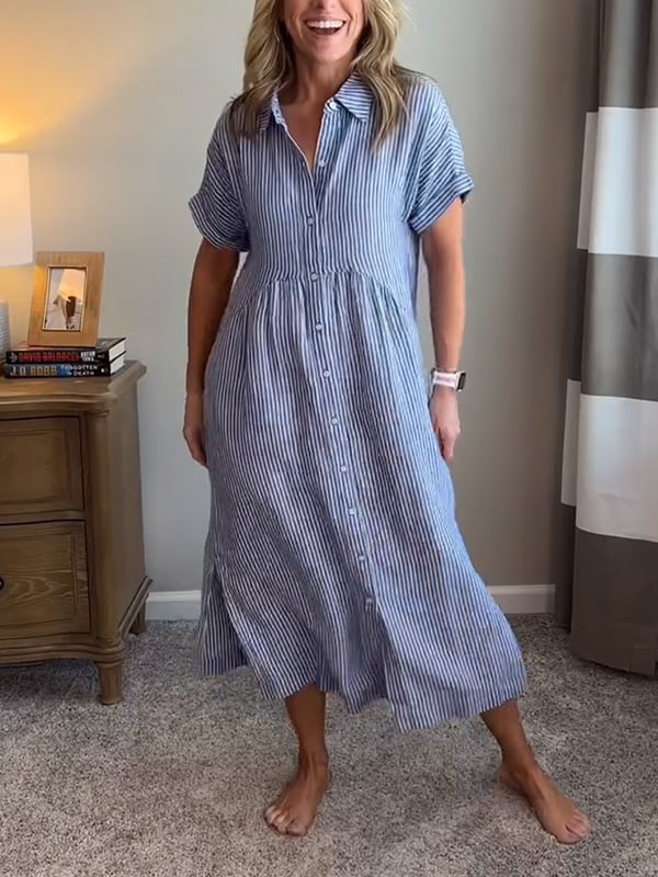 Women's Short Sleeve Midi Shirt Dress Vertical Stripes and Button Closures