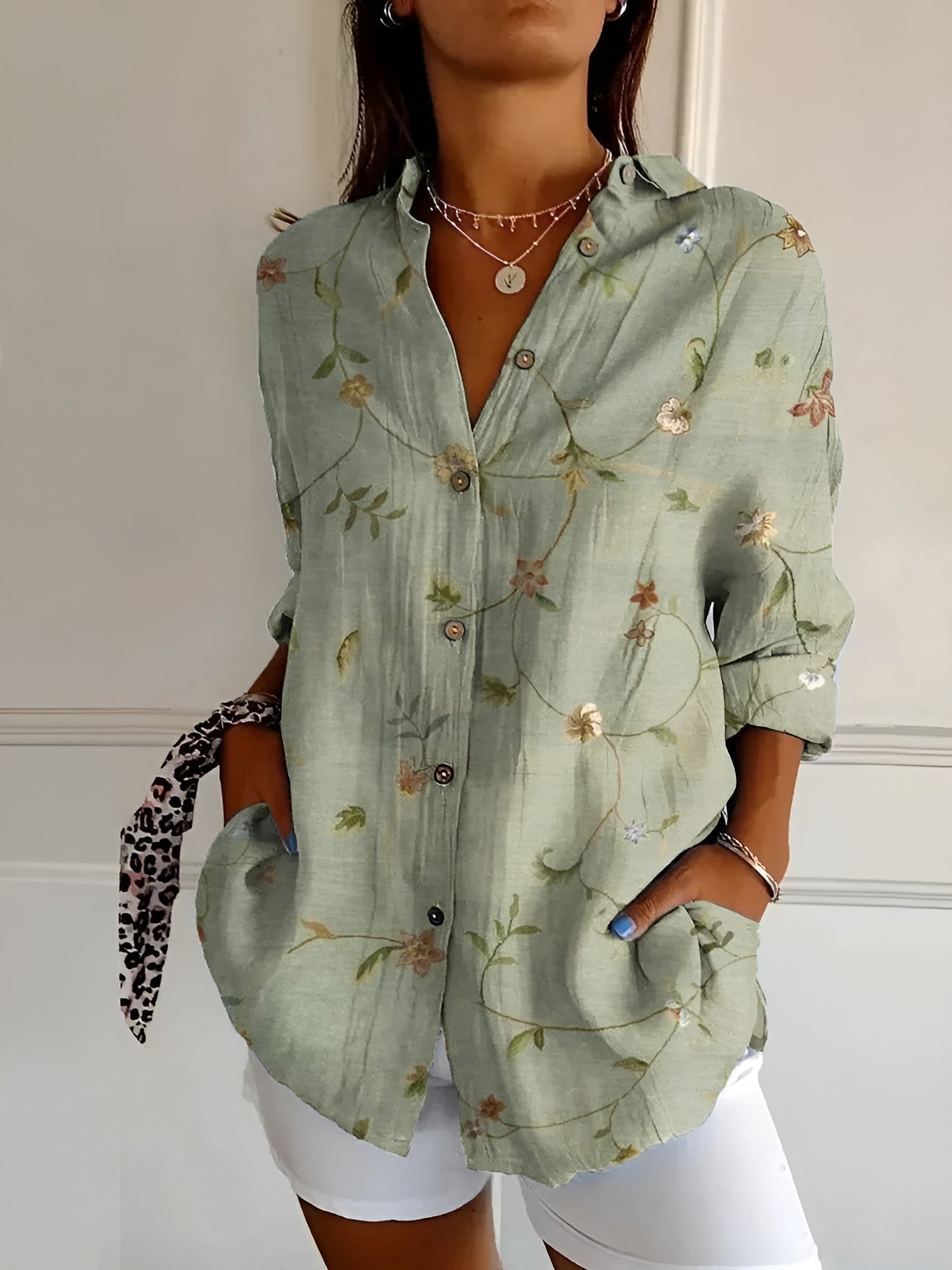 Women's Floral Blouse Button Front and Long Sleeves