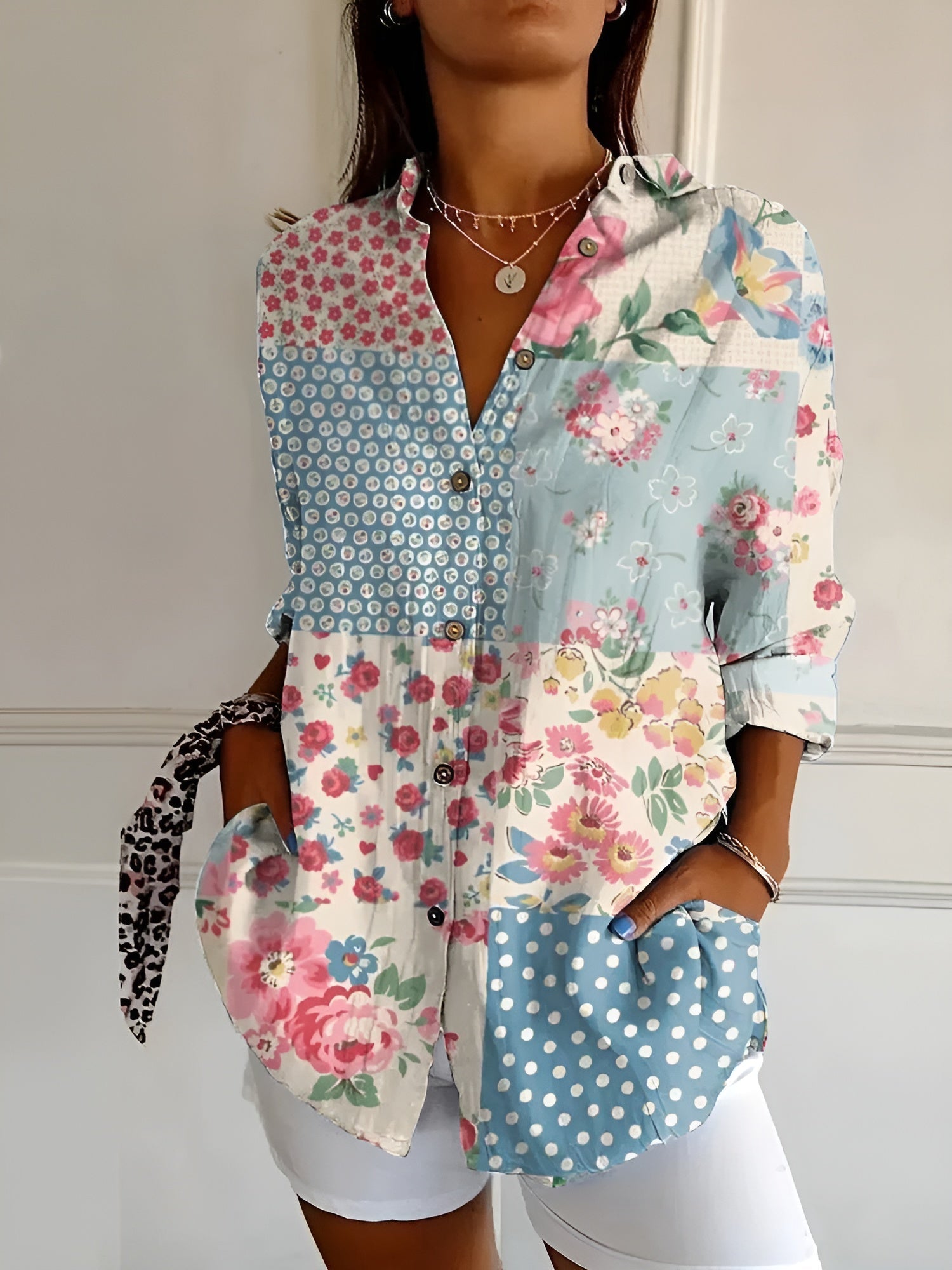 Women's Floral Blouse Button Front and Long Sleeves