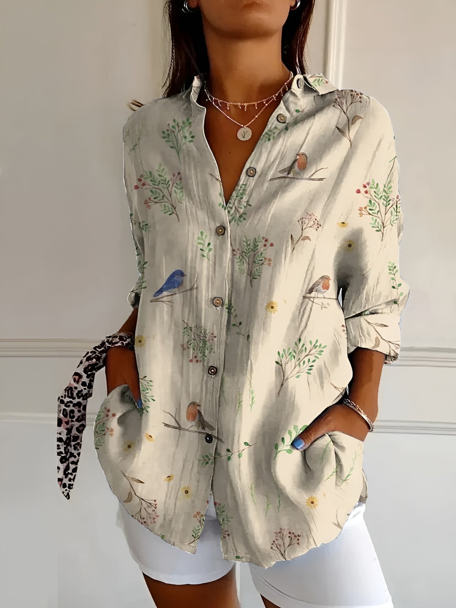 Women's Floral Blouse Button Front and Long Sleeves