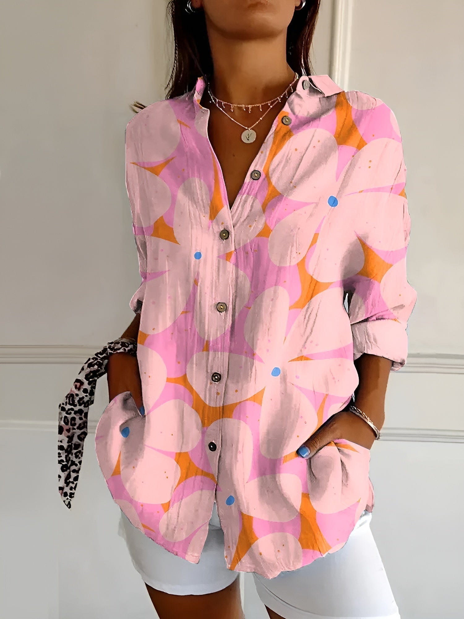 Women's Floral Blouse Button Front and Long Sleeves