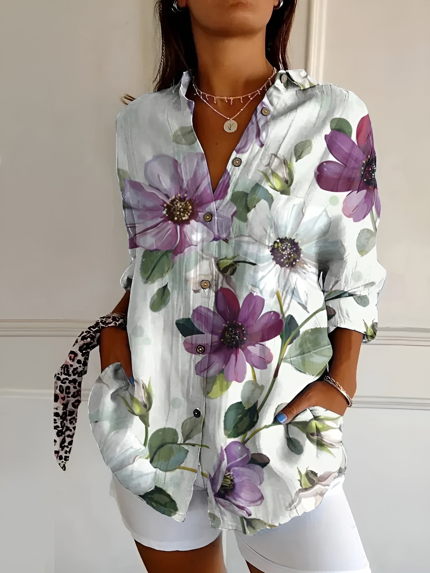 Women's Floral Blouse Button Front and Long Sleeves