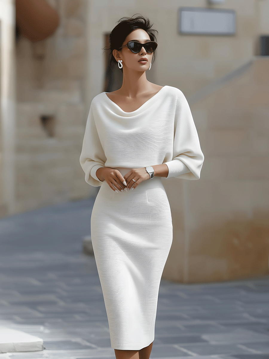 Women's Midi Bodycon Dress Boat Neck and Batwing Sleeves