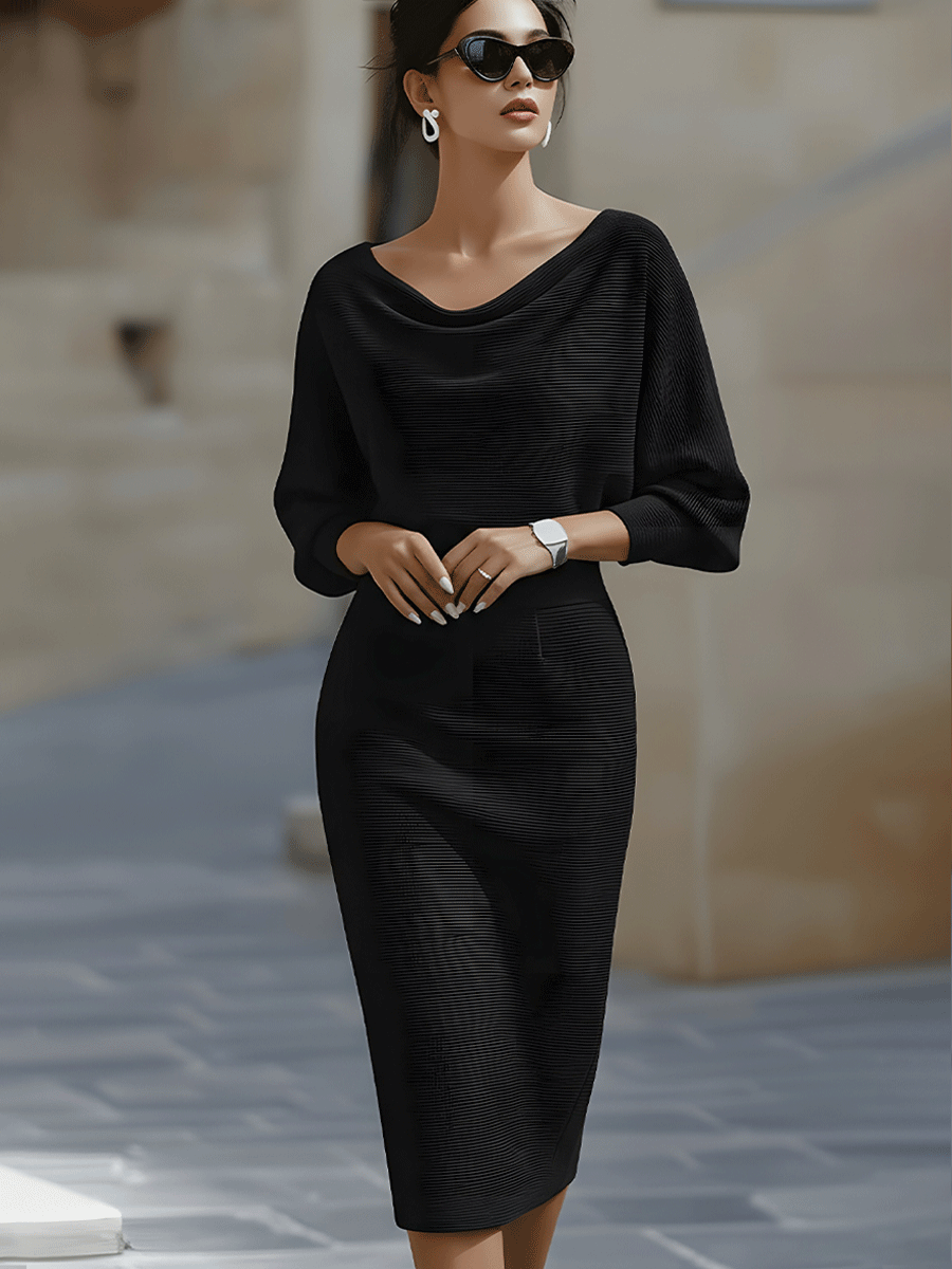 Women's Midi Bodycon Dress Boat Neck and Batwing Sleeves