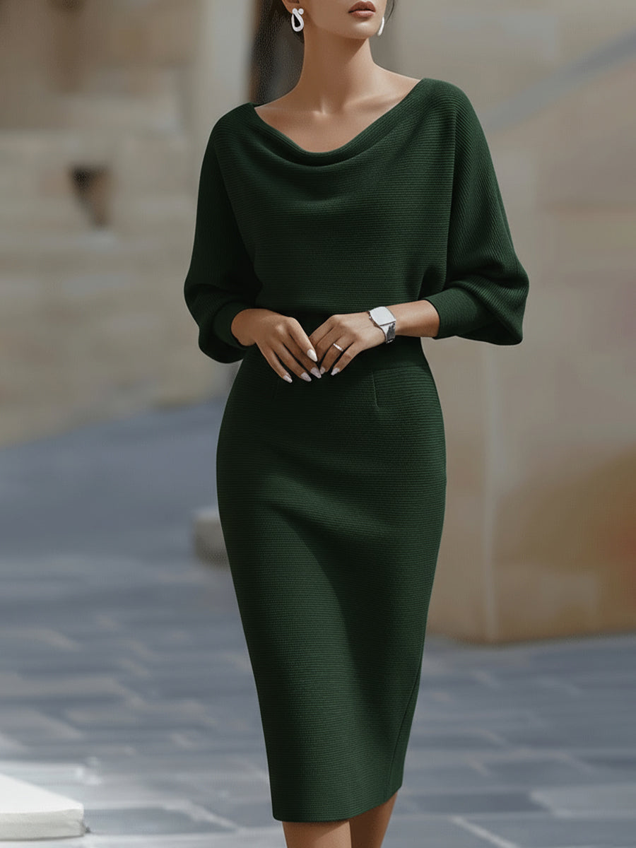 Women's Midi Bodycon Dress Boat Neck and Batwing Sleeves