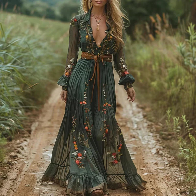 Women's Boho Maxi Dress Summer Ruffled Silhouette and Long Sleeves