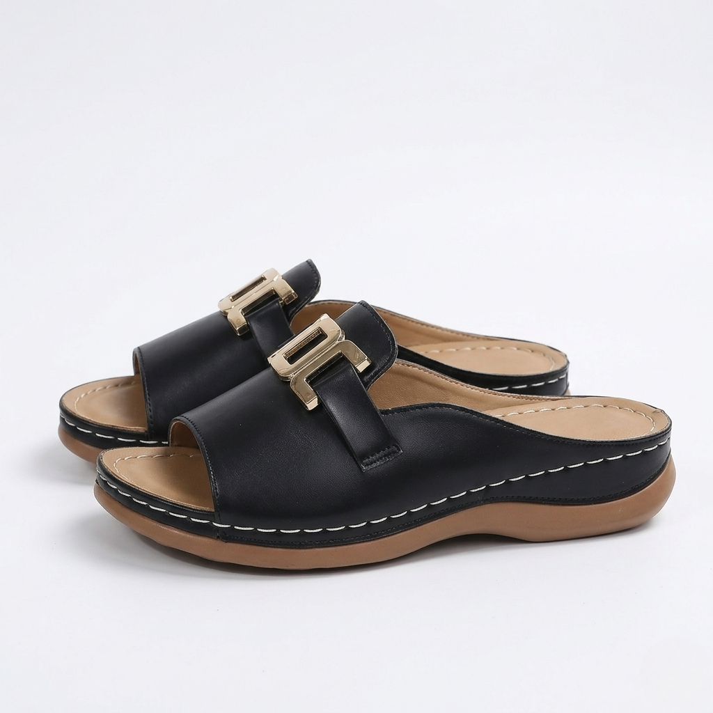 Women's Mule Sandals Orthopedic Slide Design and Gold Hardware