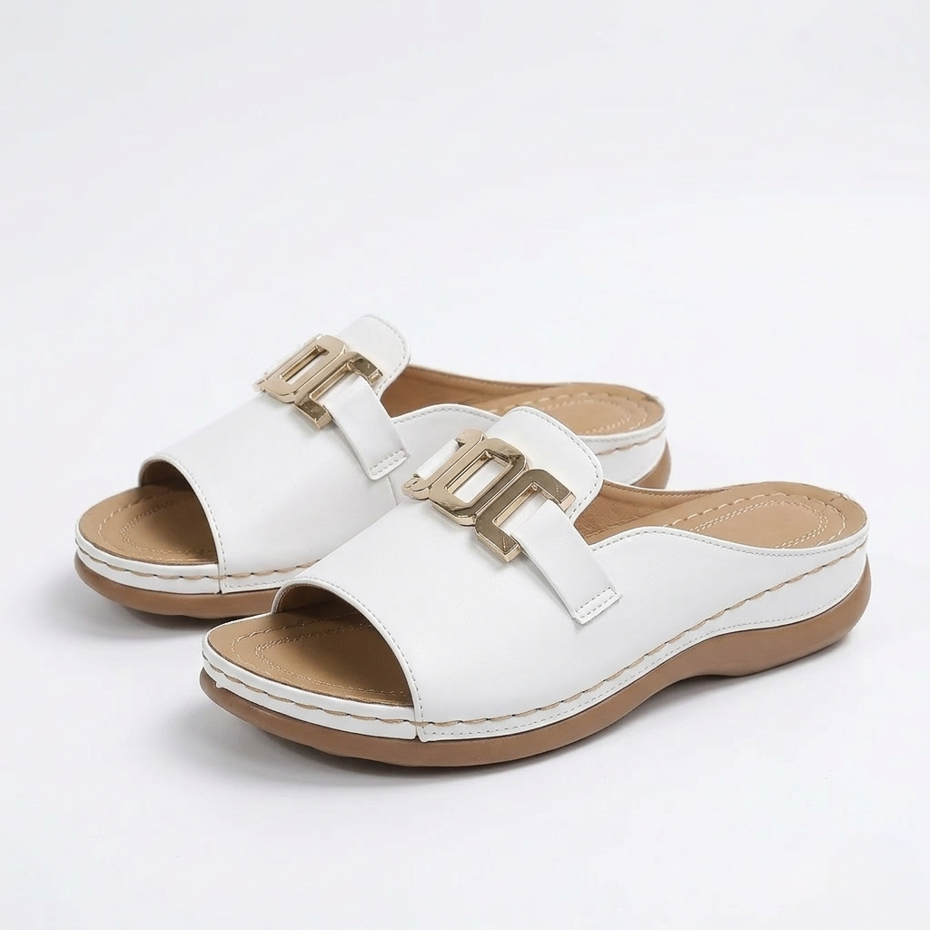 Women's Mule Sandals Orthopedic Slide Design and Gold Hardware