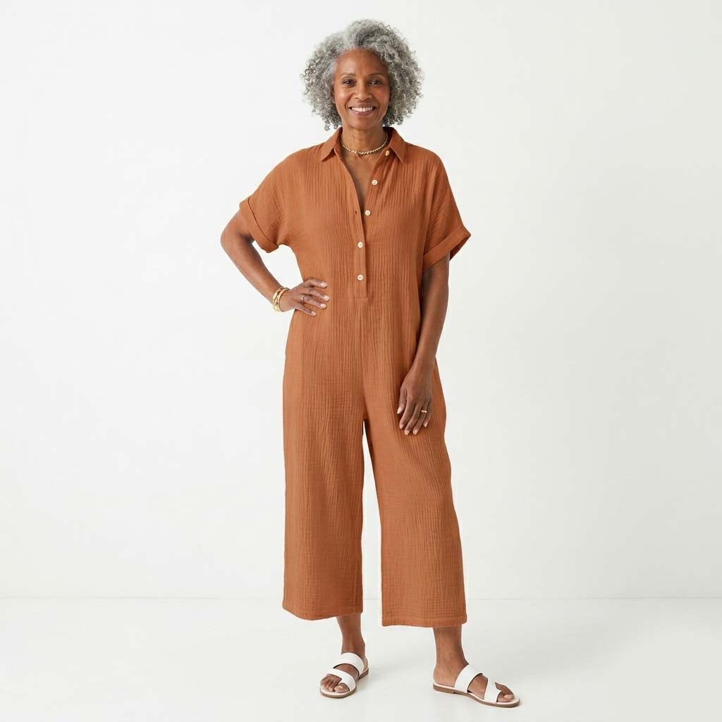 Women’s Wide-Leg Jumpsuit - Elegant Button-Front and Relaxed Half-Sleeve Fit