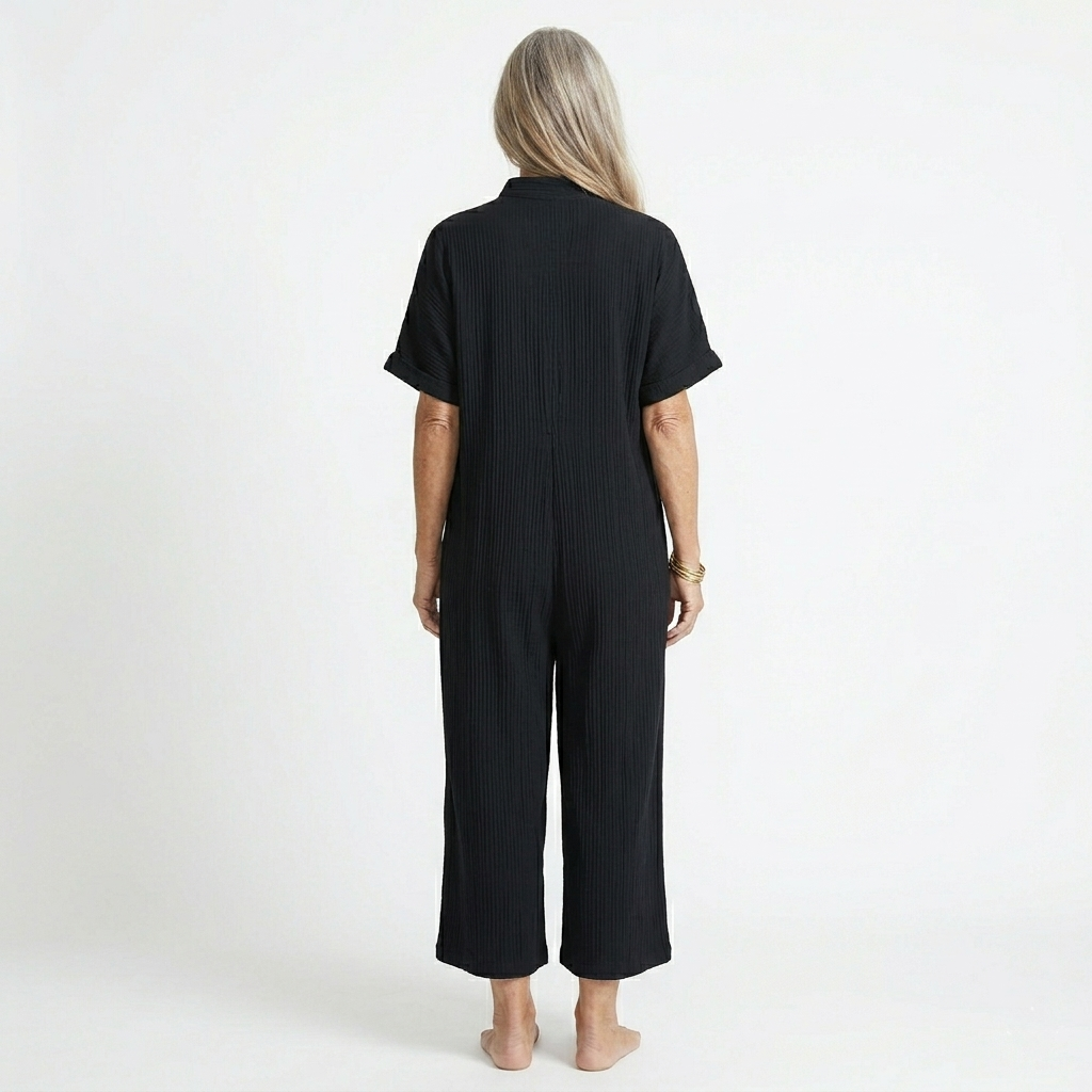 Women’s Wide-Leg Jumpsuit - Elegant Button-Front and Relaxed Half-Sleeve Fit