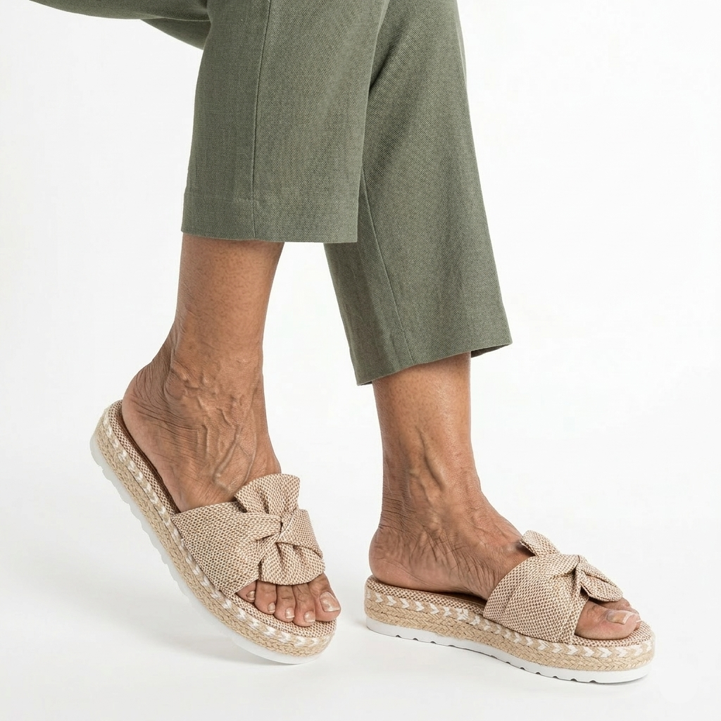 Women's Platform Slides Orthopedic Woven Jute Trim and Bow Detail