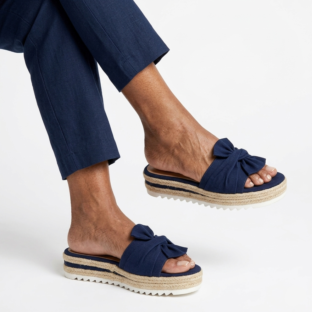 Women's Platform Slides Orthopedic Woven Jute Trim and Bow Detail