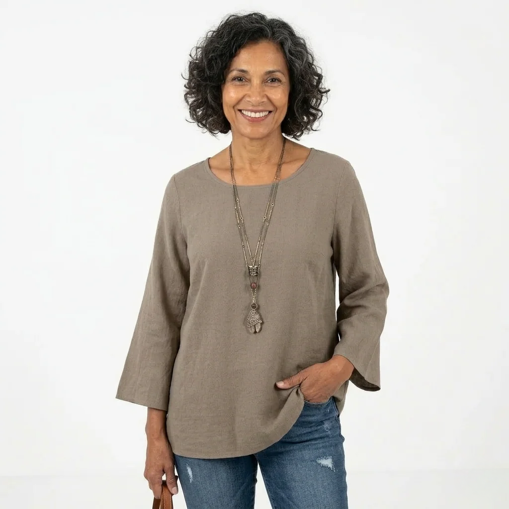 Women’s Flared Sleeve Blouse - Refined Round Neck and Breezy Relaxed Silhouette