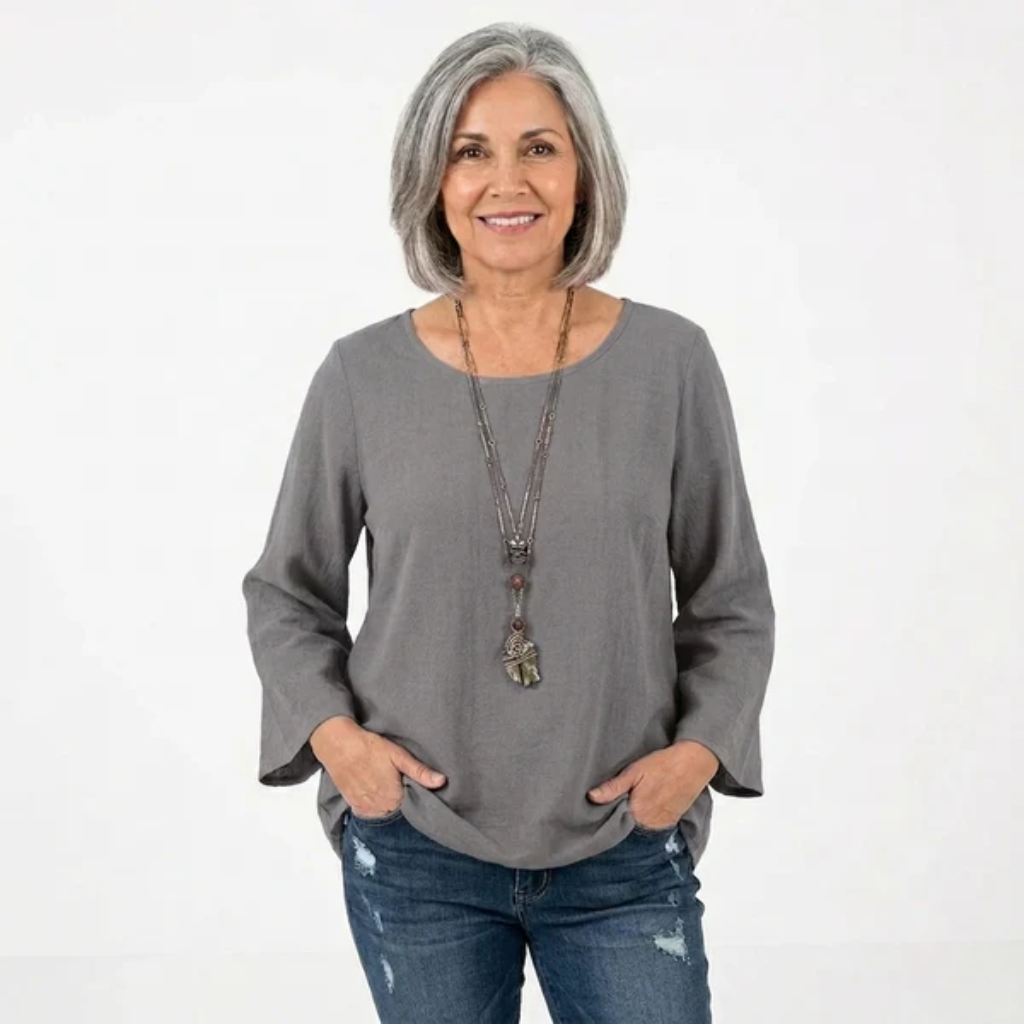 Women’s Flared Sleeve Blouse - Refined Round Neck and Breezy Relaxed Silhouette