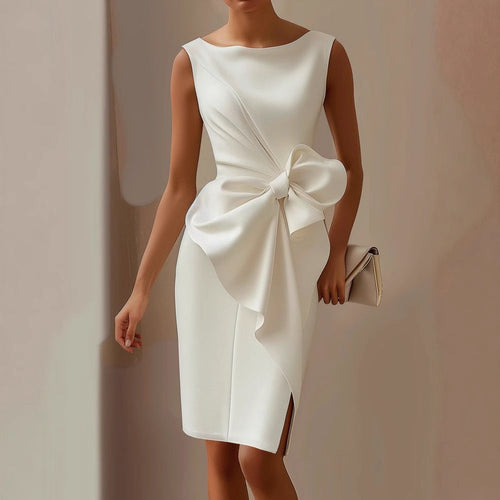 Women's Cocktail Dress Wedding Guest Ruched Midi Bow