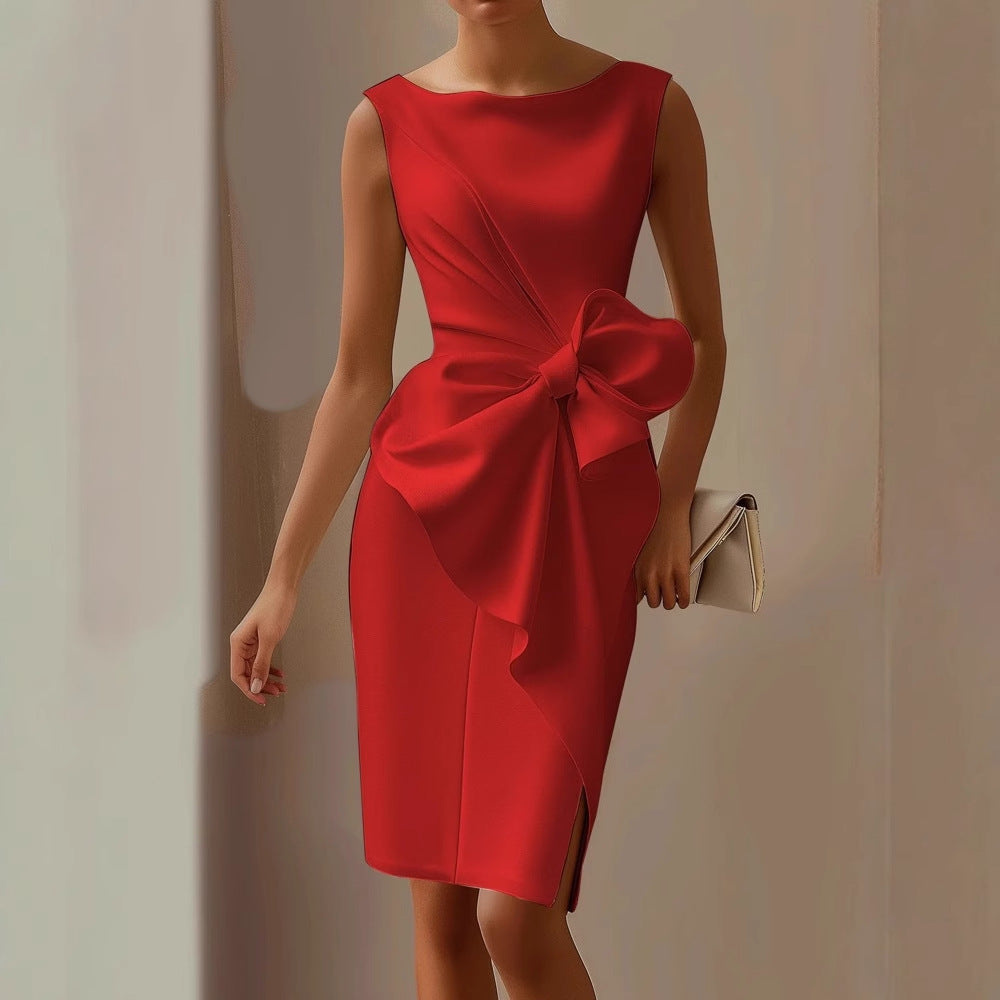 Women's Cocktail Dress Wedding Guest Ruched Midi Bow