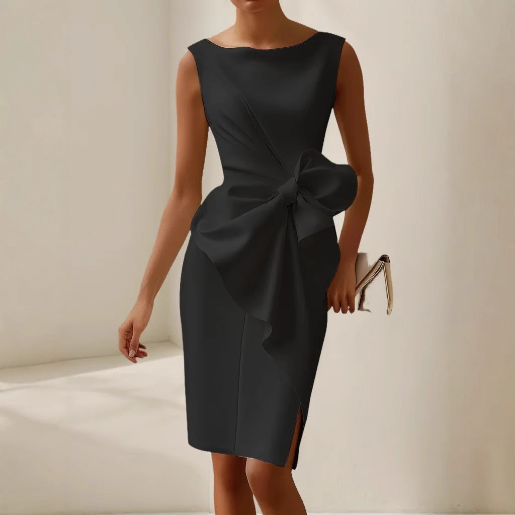 Women's Cocktail Dress Wedding Guest Ruched Midi Bow
