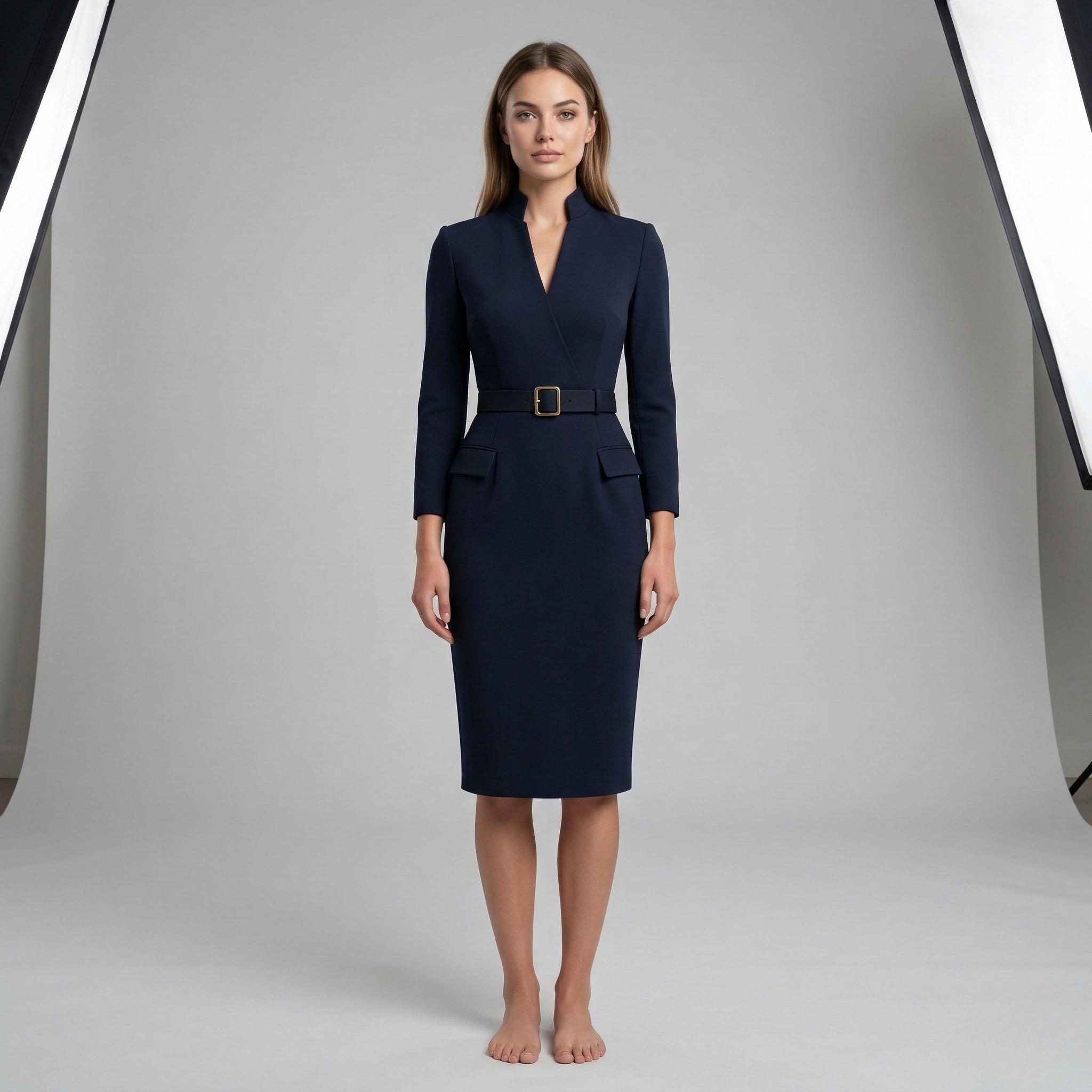 Women's Sheath Dress V Neck Belted Midi Office