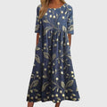 Women's Linen Midi Floral Dress - Round Neck and Half Sleeve Fit
