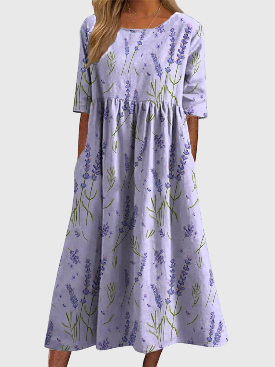 Women's Linen Midi Floral Dress - Round Neck and Half Sleeve Fit