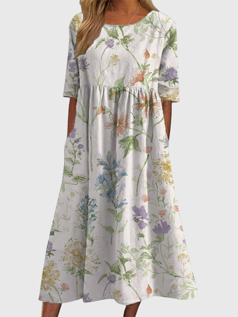 Women's Linen Midi Floral Dress - Round Neck and Half Sleeve Fit