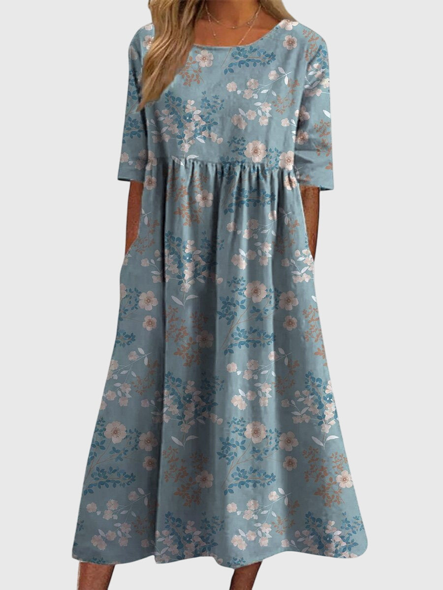 Women's Linen Midi Floral Dress - Round Neck and Half Sleeve Fit