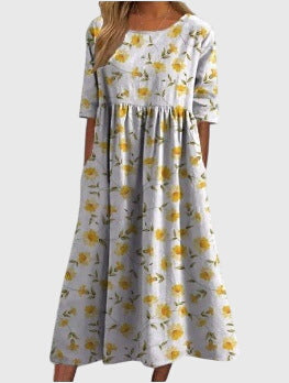 Women's Linen Midi Floral Dress - Round Neck and Half Sleeve Fit