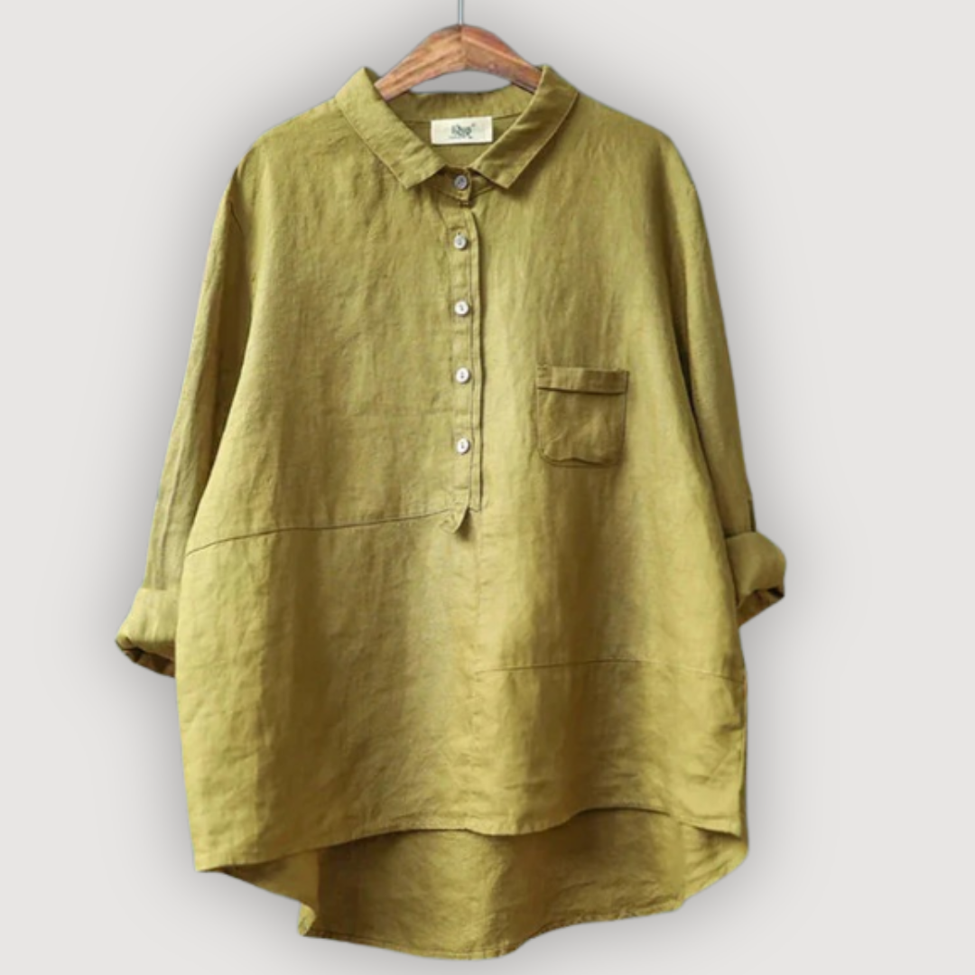 Women's Linen Button Down Shirt Single Pocket and High-Low Hem