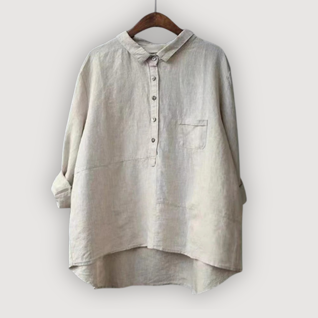 Women's Linen Button Down Shirt Single Pocket and High-Low Hem
