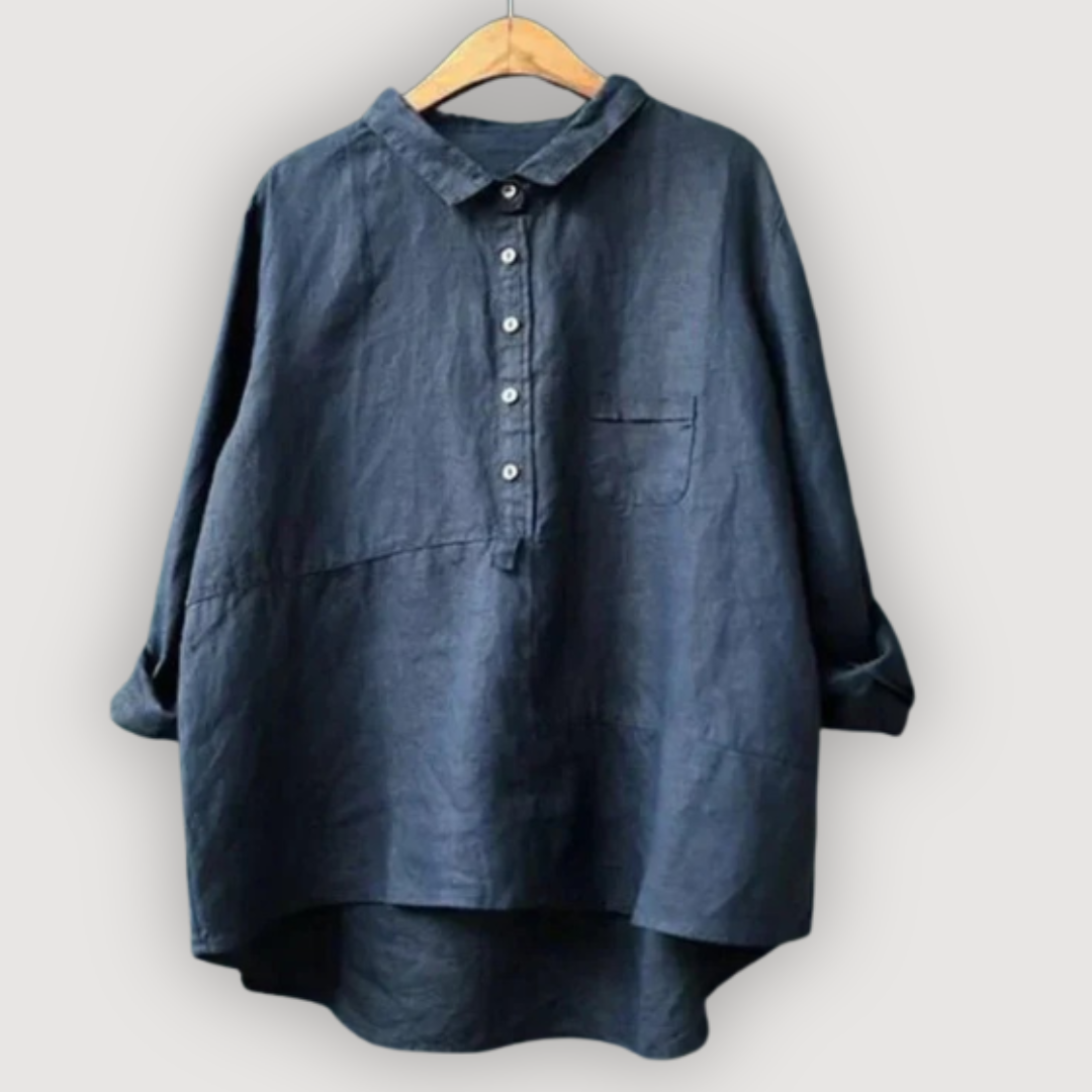 Women's Linen Button Down Shirt Single Pocket and High-Low Hem
