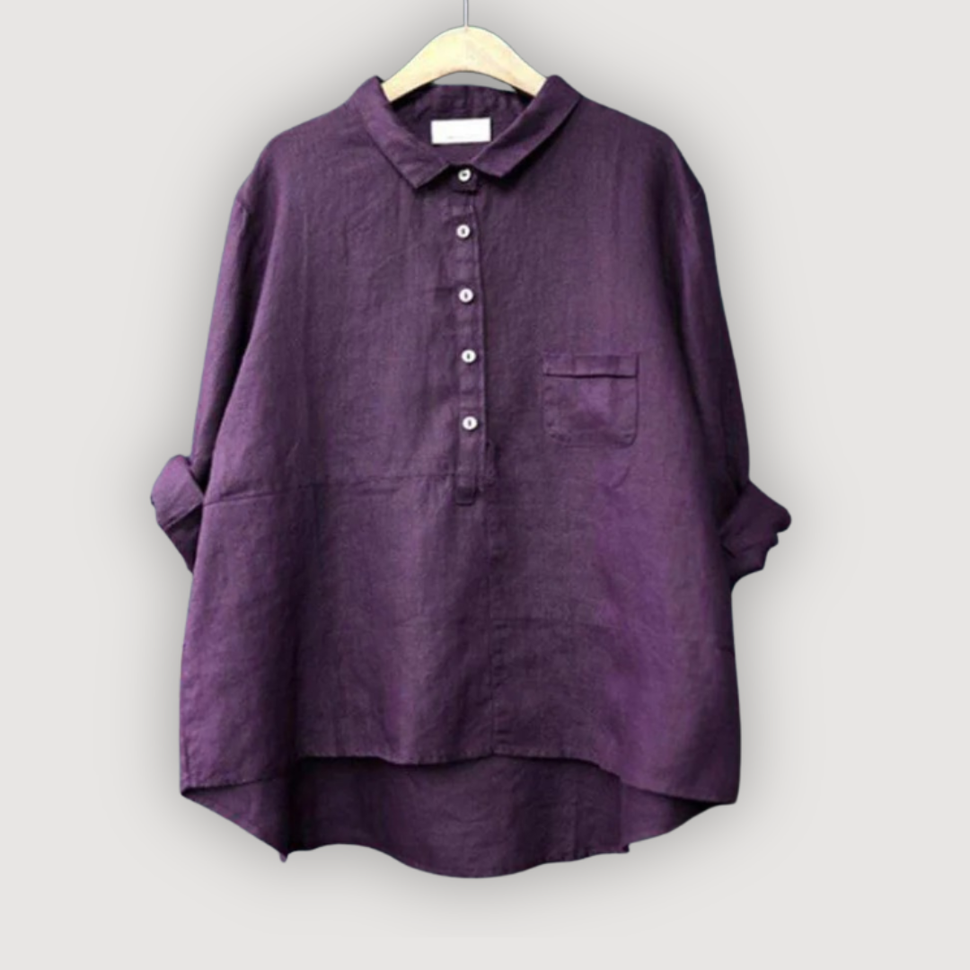 Women's Linen Button Down Shirt Single Pocket and High-Low Hem