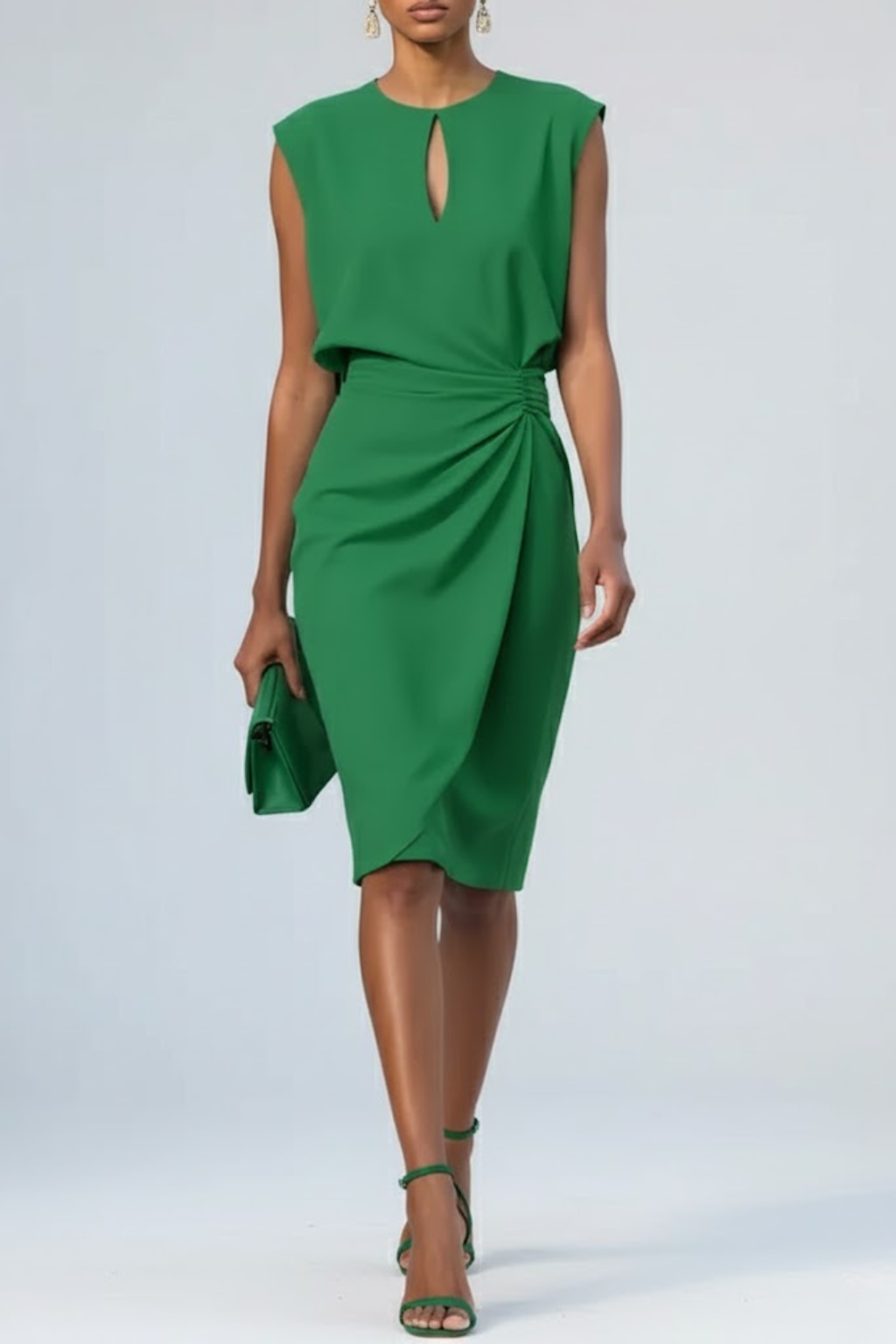 Women's Midi Dress Keyhole Ruched Sleeveless Cocktail