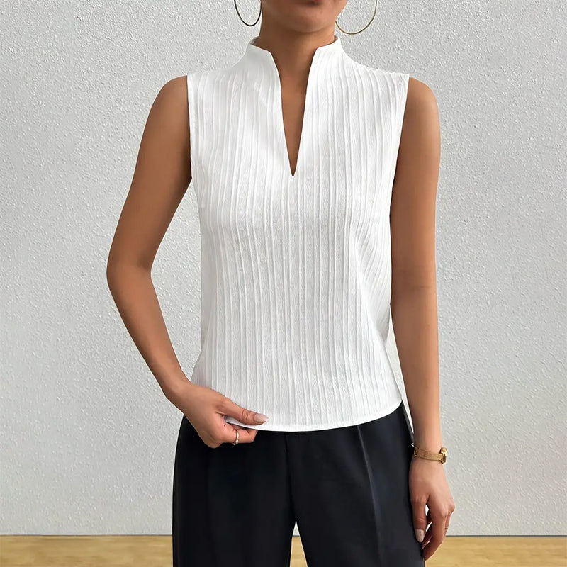 Women's Pleated Sleeveless Top - Notched V-Neck and Mock Collar Fit